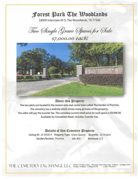 Forest Park Grave spaces discounted for sale.
